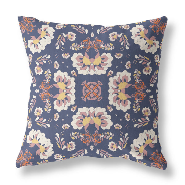 20" Blue White Floral Indoor Outdoor Zip Throw Pillow