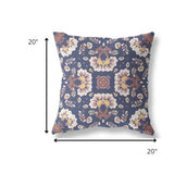 20" Blue White Floral Indoor Outdoor Zip Throw Pillow
