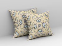 16" Beige Blue Floral Indoor Outdoor Zip Throw Pillow