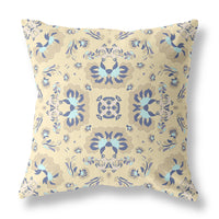 20" Beige Blue Floral Indoor Outdoor Zip Throw Pillow