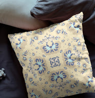 20" Beige Blue Floral Indoor Outdoor Zip Throw Pillow