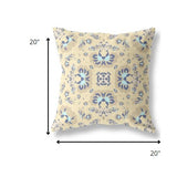 20" Beige Blue Floral Indoor Outdoor Zip Throw Pillow