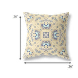 26" Beige Blue Floral Indoor Outdoor Zip Throw Pillow