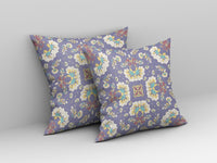 26" Purple White Floral Indoor Outdoor Zip Throw Pillow