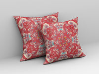 16" Red White Filigree Indoor Outdoor Zip Throw Pillow