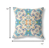 16" Blue White Filigree Indoor Outdoor Zip Throw Pillow