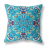 20" Cyan Blue Filigree Indoor Outdoor Zip Throw Pillow