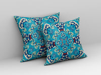 20" Cyan Blue Filigree Indoor Outdoor Zip Throw Pillow