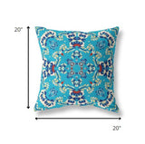 20" Cyan Blue Filigree Indoor Outdoor Zip Throw Pillow