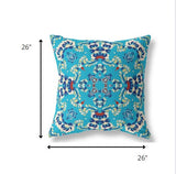 26" Cyan Blue Filigree Indoor Outdoor Zip Throw Pillow