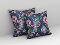 20" Navy Pink Peacock Indoor Outdoor Zip Throw Pillow