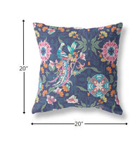 20" Navy Pink Peacock Indoor Outdoor Zip Throw Pillow