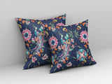 26" Navy Pink Peacock Indoor Outdoor Zip Throw Pillow