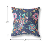 26" Navy Pink Peacock Indoor Outdoor Zip Throw Pillow