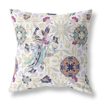 20" White Purple Peacock Indoor Outdoor Zip Throw Pillow