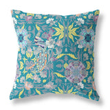 16" Teal Yellow Peacock Indoor Outdoor Zip Throw Pillow