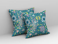 16" Teal Yellow Peacock Indoor Outdoor Zip Throw Pillow