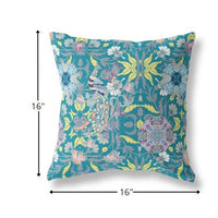 16" Teal Yellow Peacock Indoor Outdoor Zip Throw Pillow