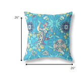 26" Turquoise Peacock Indoor Outdoor Zip Throw Pillow