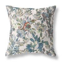 18? Blue White Florals Indoor Outdoor Zippered Throw Pillow