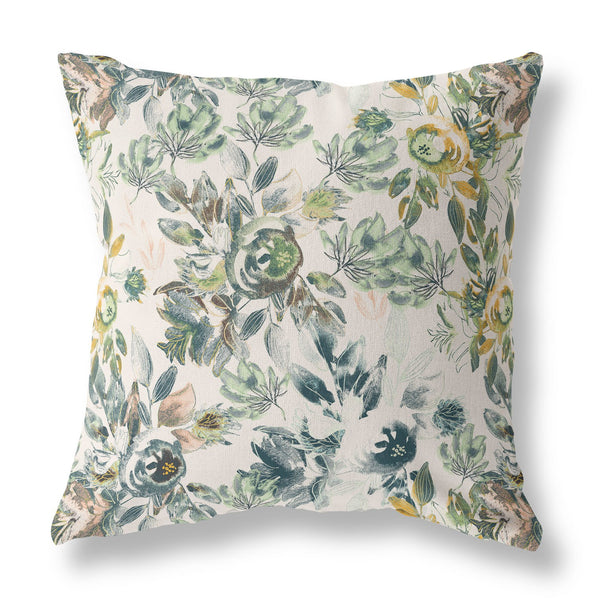 16? White Green Florals Indoor Outdoor Zippered Throw Pillow