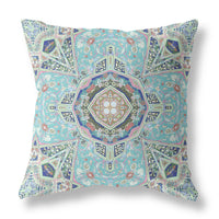 20" Aqua Blue Floral Geometric Suede Throw Pillow
