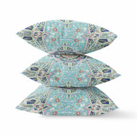 20" Aqua Blue Floral Geometric Suede Throw Pillow