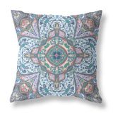 16" Pale Blue Pink Floral Medallion Suede Throw Pillow