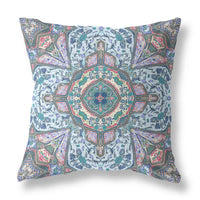 20" Pale Blue Pink Floral Medallion Suede Throw Pillow