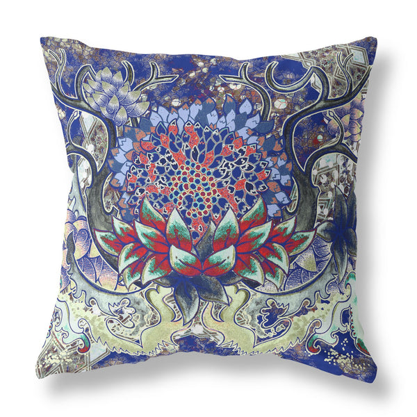 16? Blue Red Flower Bloom Suede Throw Pillow