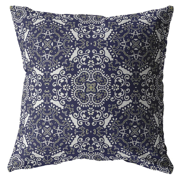 20" Navy Boho Pattern Indoor Outdoor Throw Pillow