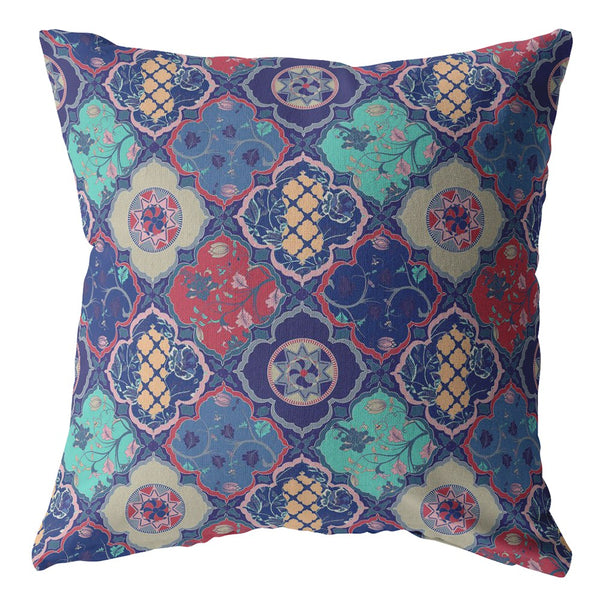 16â Navy Red Trellis Indoor Outdoor Throw Pillow