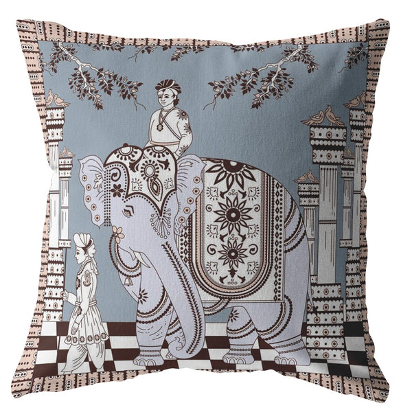 18? Blue Brown Ornate Elephant Indoor Outdoor Throw Pillow