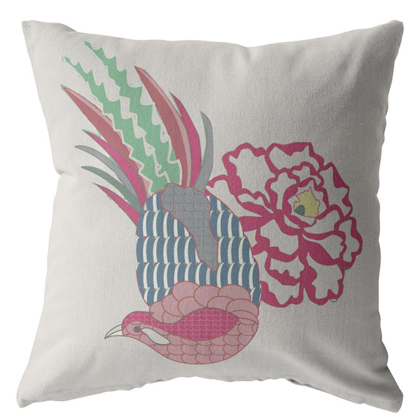 28â Pink White Peacock Indoor Outdoor Throw Pillow