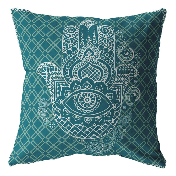 20â Teal White Hamsa Indoor Outdoor Throw Pillow