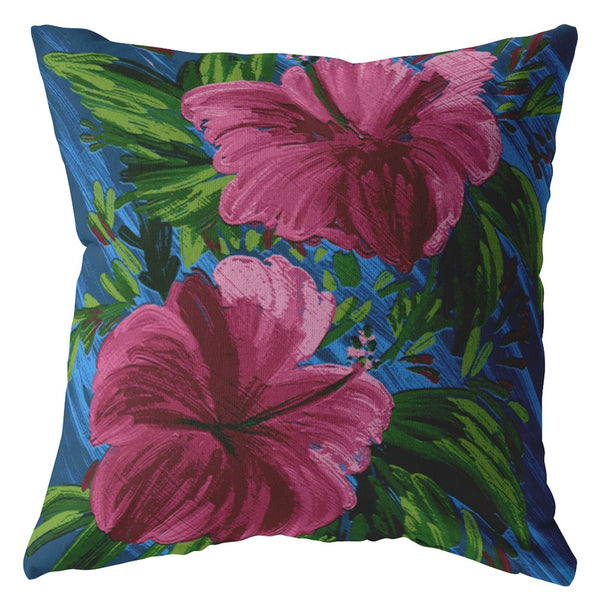 26â Pink Blue Hibiscus Indoor Outdoor Throw Pillow