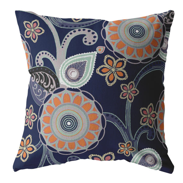 18â Indigo Orange Floral Indoor Outdoor Throw Pillow