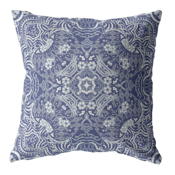 18? Indigo White Boho Ornate Indoor Outdoor Throw Pillow