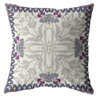 18" Gray Floral Frame Indoor Outdoor Zippered Throw Pillow