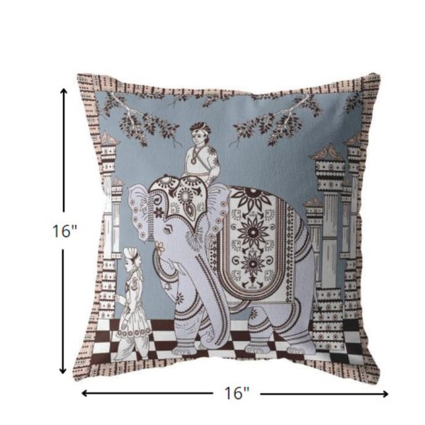 16? Blue Brown Ornate Elephant Indoor Outdoor Zippered Throw Pillow