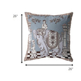 18? Blue Brown Ornate Elephant Indoor Outdoor Zippered Throw Pillow