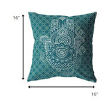 16â Teal White Hamsa Indoor Outdoor Zippered Throw Pillow