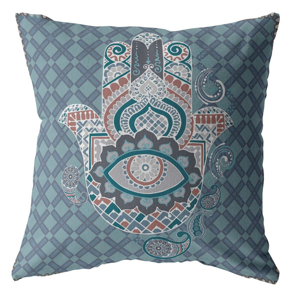 20â Slate Blue Hamsa Indoor Outdoor Zippered Throw Pillow