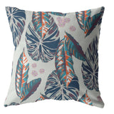 16? Blue Gray Tropical Leaf Indoor Outdoor Zippered Throw Pillow