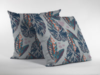 16? Blue Gray Tropical Leaf Indoor Outdoor Zippered Throw Pillow