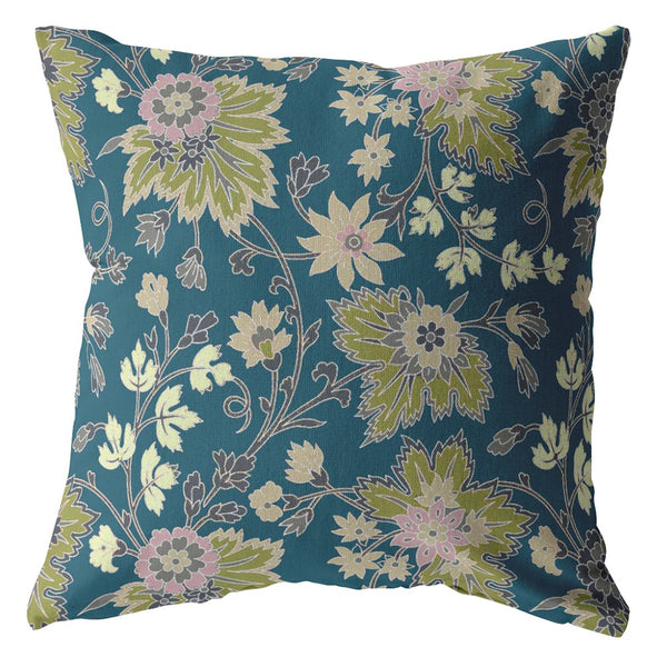 18â Teal Green Jacobean Suede Throw Pillow