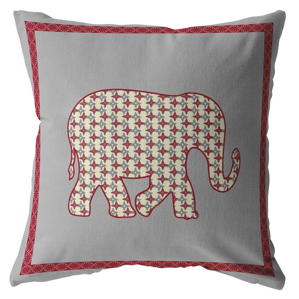 16â Red Gray Elephant Boho Suede Throw Pillow