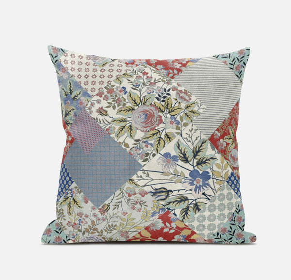 16" Red Gold Floral Zippered Suede Throw Pillow