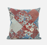 18" Aqua Red Floral Zippered Suede Throw Pillow