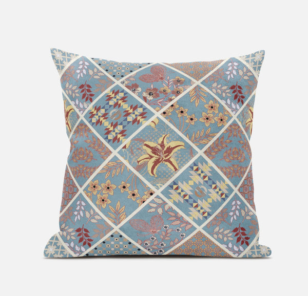 16? Blue Yellow Patch Suede Zippered Throw Pillow